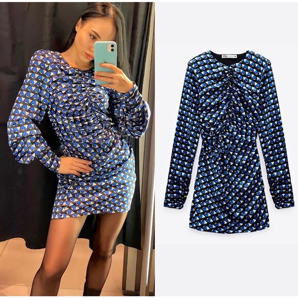 ZARA BLOGGER FAVORITE GEOMETRIC PRINT DRESS BLUISH - Picture 2 of 11